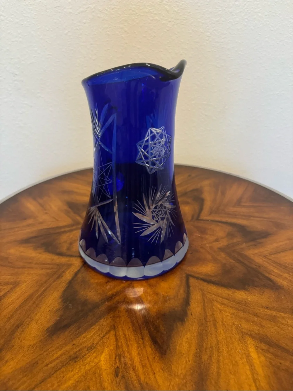 Mid-Century Cobalt Cut To Clear Glass Pitcher 9”